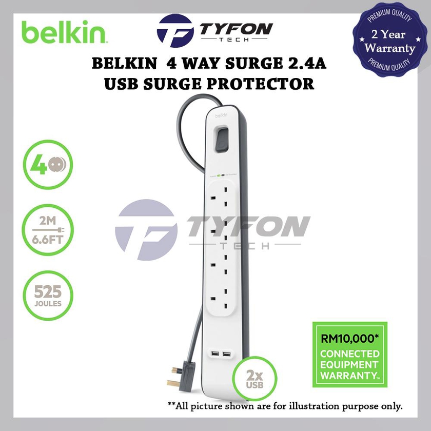 Tyfontech Belkin BSV401SA2M 4 Outlets Surge Protector with 2 USB Port 2M