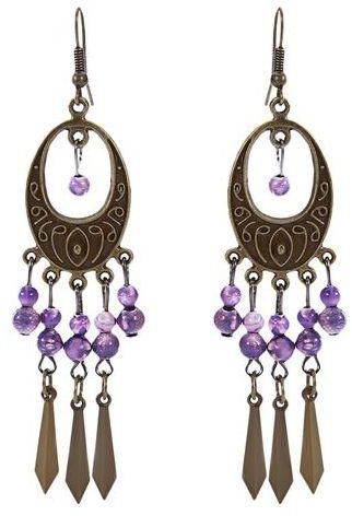 Fashion Bohemian Fringed Beads Hook Women Drop Earrings - Purple