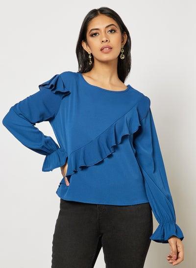 Women's Plain Basic Design Casual Ruffle Sleeve Top Blue