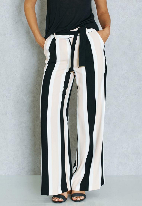 Belted Striped Wide Leg Pants