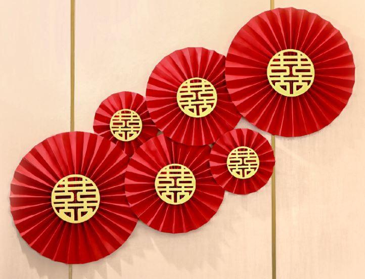 6pcs/set Chinese Wedding Double Happiness Paper Fan Decoration