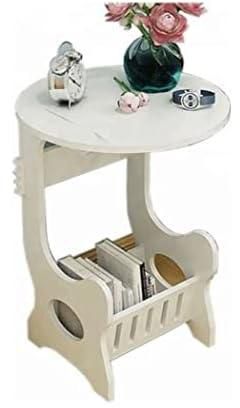 KUTIS Bedside Table - Wooden Rounded Study Table with bookshelf - White color Mini Sofa Side Table for Clock, Decor, and Other household Accessories Organizer in ‎21.6 x 21.6 x 25.6 CM