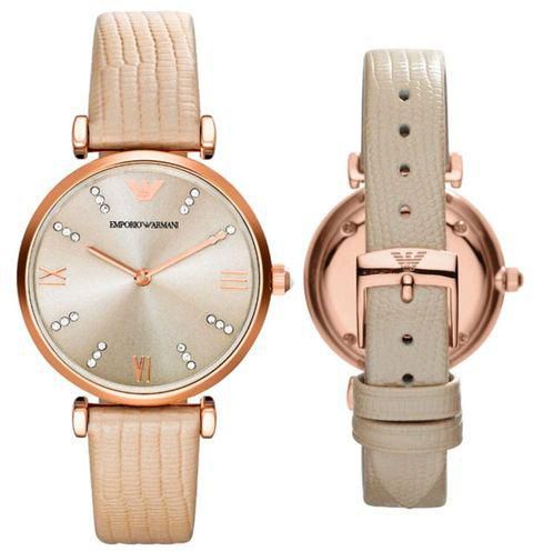 Emporio Armani Rose Gold Dial Brown Leather Strap Ladies Watch