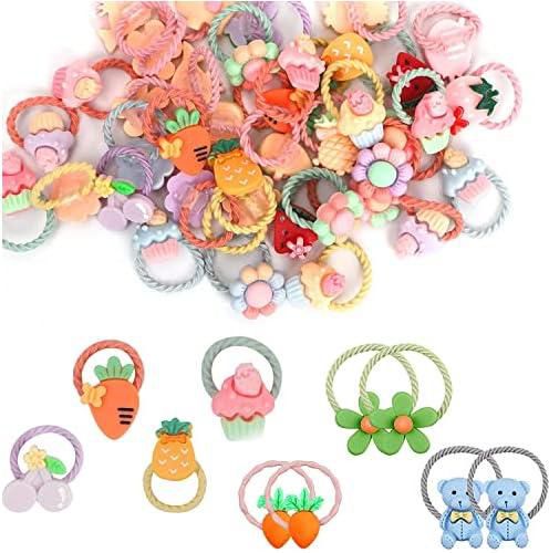 Amzboen 60 Pieces Toddler Hair Ties for Girls, Colorful Elastic Kids Hair Band Ropes Cartoon Small Ponytail Holders Animal Flower Fruit Kawaii Hair Accessories for Toddler Girls Infants
