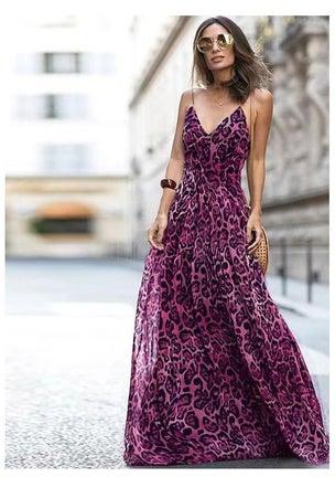 Summer Fashion New Leopard Print V-neck Halter Dress