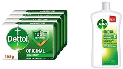 Dettol Original Anti-Bacterial Bathing Soap Bar for effective Germ, Pack of 4 & Handwash Liquid Soap Original Refill for Effective Germ Protection & Personal Hygiene, Pine Fragrance, 1L