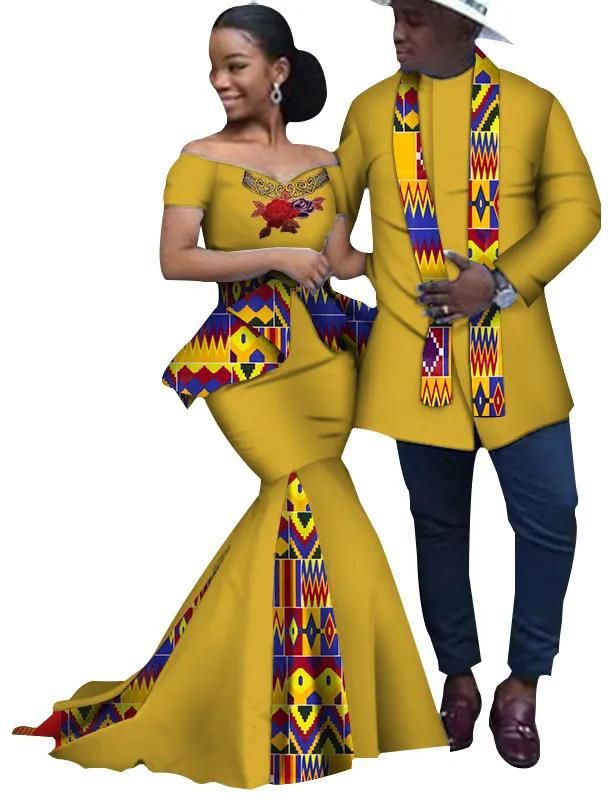 African Print Long Patchwork Dresses for Women Bazin Riche Men's Top Shirt Couple Clothing African Lovers Couple Clothes WYQ253
