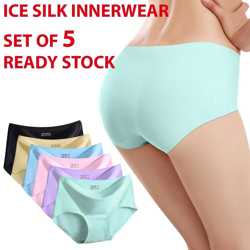 [Set of 5] Premium Quality Women Seamless Ice Silk Panties - 2 Sizes (Multi Color)