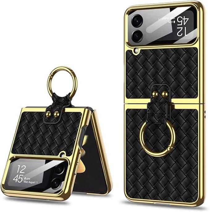 for Z Flip4 5G 2022 case 360Â°with Ring Luxury Electroplated PU Leather Cover Compatible with Samsung Galaxy Z Flip 4 5G Case Built-in Screen Protector Camera Phone Case (Black)