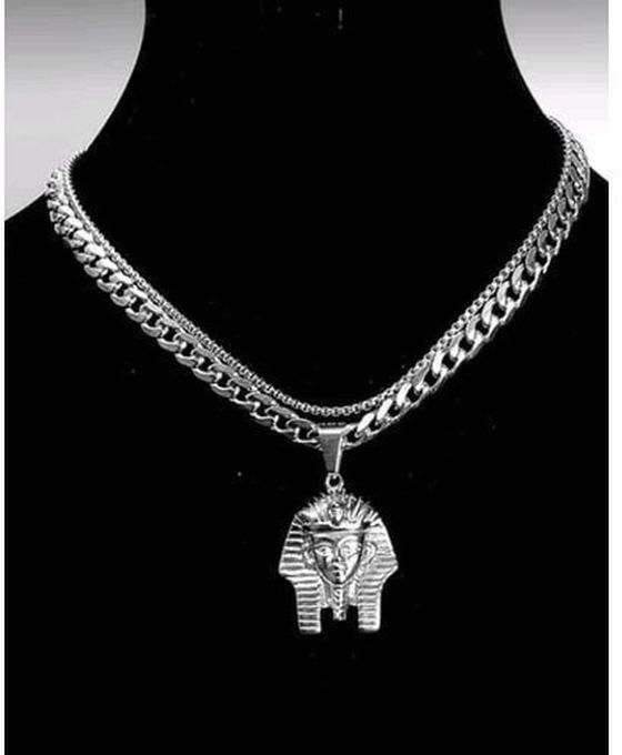 Head Of Pheroh Pendant With 2 Cuban Chains. Silver