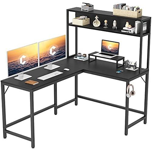 مكتب كوبي على شكل حرف L مع كوب، مكتب كمبيوتر زاوية 149.88 سم، منصة عمل طاولة ألعاب المكتب المنزلية مع رف كتب للتخزين، أسود