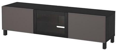 BESTÅ TV bench with drawers and door, black-brown Grundsviken, dark grey clear glass