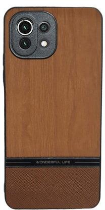 Elmo3ezz Shockproof Wood Grain Skin PU and TPU Shockproof Luxury Phone Case for Xiaomi Mi 11 Lite (Brown)