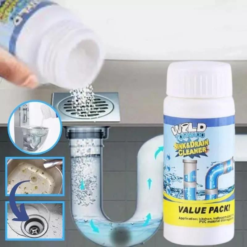 Sink Dredger/ Unblocker Usage: Kitchen, bathroom, toilet etc Deodorizes, unclogs drainage,  cleans, kills insects Made of alkaline solvents & surfactants powder Does not corrode pi