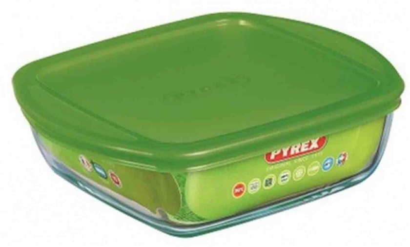 Pyrex Cook And Store Square Dish With Plastic Lid Green And Clear 1L