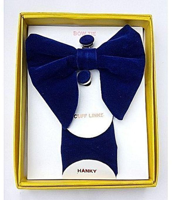 Men Bow Tie With Cufflinks & Pocket Square- Navy Blue