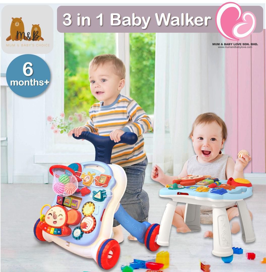 M&amp;B 3 in 1 Baby Walker Sit-to-Stand Baby Walker (Blue - Red)