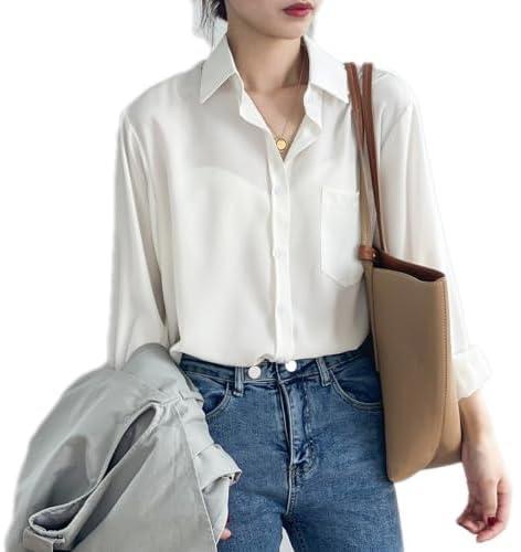 Women's Linen Shirts Button Down V Neck Shirt Long Sleeve Blouse Casual Plain Tops with Pockets (L)