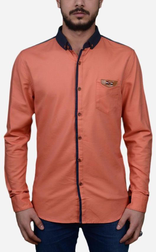 Cuba Plain Casual Shirt - Orange & Navy Blue