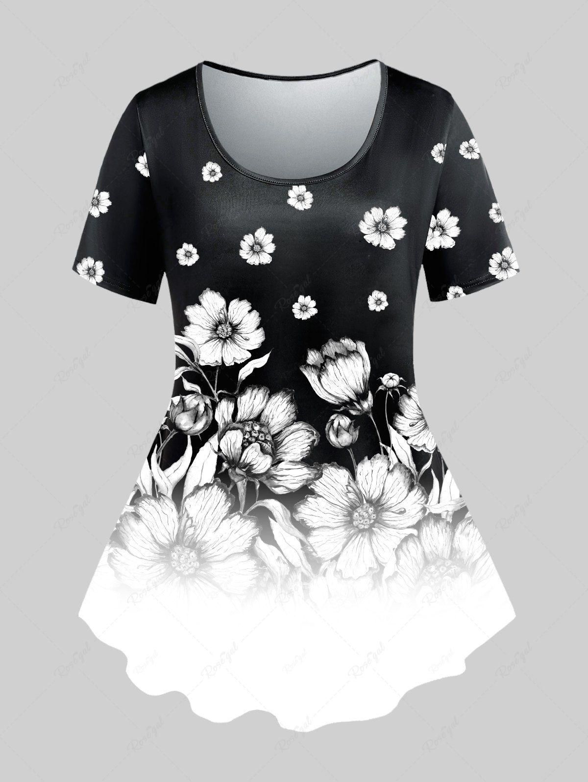 Plus Size Monochrome Floral Print Colorblock T-shirt - 5x | Us 30-32
