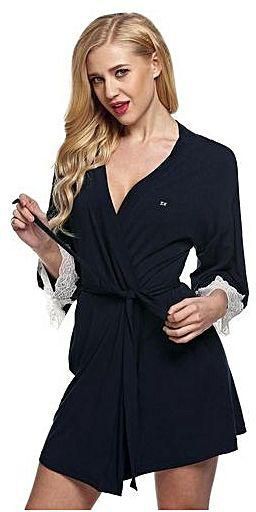 Sunweb Ekouaer Sleepwear Medium Sleeve Thigh Length Sauna Kimono Robe ( Black )