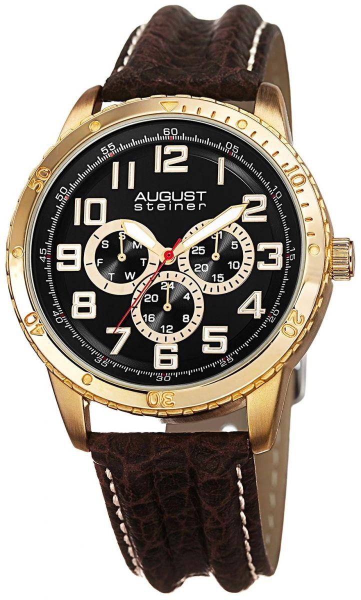 August Steiner Men's Black Dial Leather Band Multifunction Watch - AS8116YG