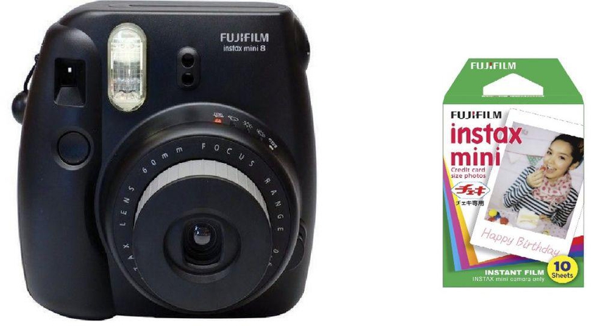 Fujifilm instax Mini 8 Instant Polariod Film Camera - Black + Mini Instax Polaroid Film 10 Sheets - Bundle Kit