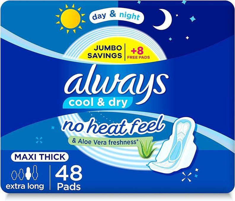Always Cool & Dry No Heat Feel Maxi Thick EXTRA Long Sanitary Pads With Wings 48+8 PCS