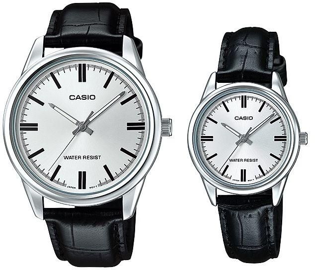 Casio His & Hers Silver Dial Leather Band Couple Watch - MTP/LTP-V005L-7A