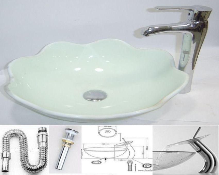 San George Design Glass Wash Basin With Shelf And Waterfall Mixer + A Pop Up And Drainabwmsa 3010 CP