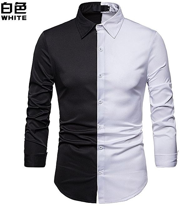 Fashion Men Shirt Splice Turn-Down Collar Casual Slim Fit Male Shirts Men's Long Sleeved Fashion Shirt -white
