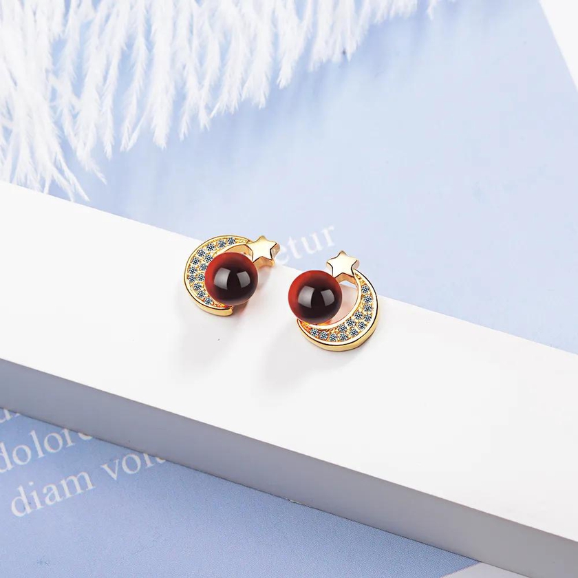 Color Trendy Fashio Newest Shiny Zircon Star Moon Earrings Red Garnet Ear Stud Fashion Jewelry Wholesale