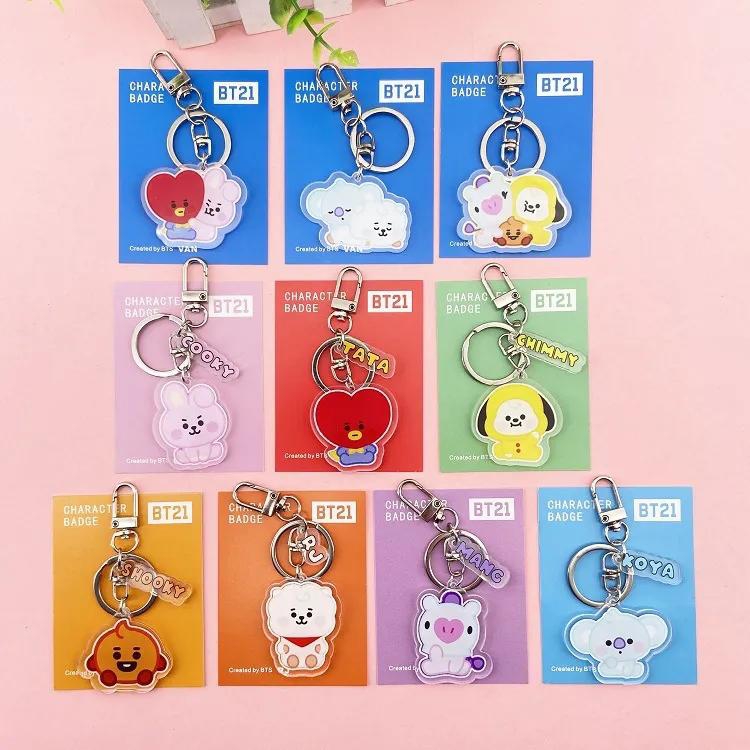BTS BT21 Cartoon Key Chains Fans Gift Acrylic Keyring Keys Attachment TATA Cooky Koya Shooky Mang RJ MANG Keyrings