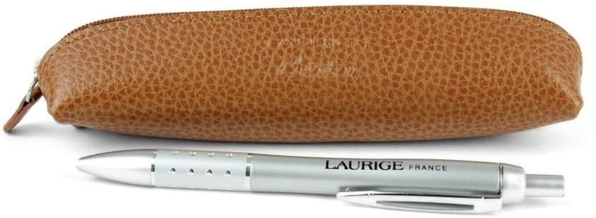 Laurige Small Leather Pen Pouch with Zipper, Brown