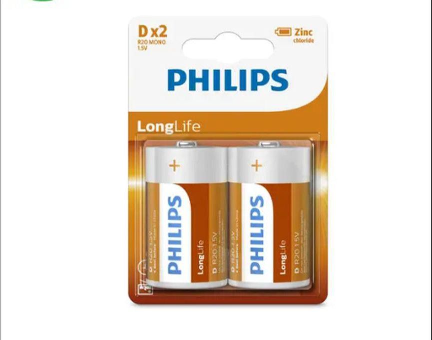 Philips 2PCS Size D Longlife Zinc Battery 1.5V