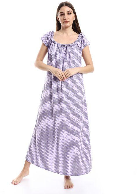 Andora Self Patterned Cotton Nightgown - White & Pale Purple