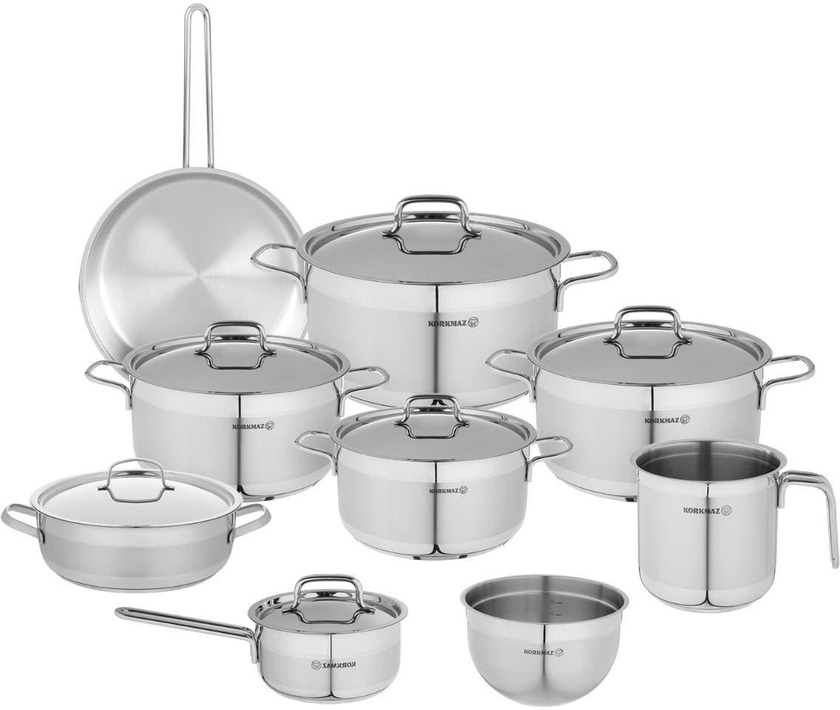 Get Korkmaz Alpha Jumbo Stainless Steel Cookware Set, 15 Pieces - Silver with best offers | Raneen.com