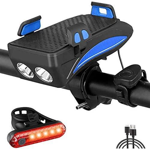 4 in 1 Bike Light front and back set,Waterproof Bicycle Headlight with Horn, Cycling Lamp with Phone Holder and Charger for night riding(Blue)