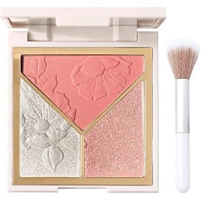 Long Lasting Powder Blush, Face Silky Shimmer Highlighter, Highlighters Makeup Palette 3 In1, Highly Pigmented Powder for Women Natural Look Sweat-Resistant Silky Shimmery
