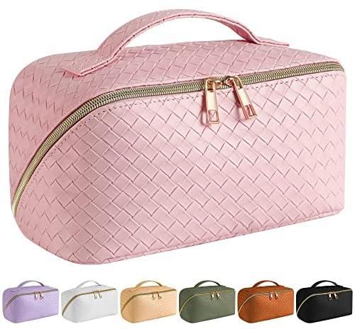 Dorany Large Capacity Travel Cosmetic Bag - Makeup Bag, PU Leather Waterproof Cosmetic Bag, Women Portable Travel Makeup Bag With Handle and Divider Flat Lay Makeup Organizer Bag (Pink)