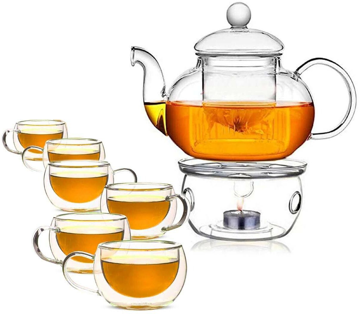 LIHAN Double Wall Glass Teapot Set Combined With  Teapot 1 x 600ml ,1 Candle Warmer , Coffee and Tea cup [6 x 60ml], Heat-resistant Stovetop Dishwasher Safe Teapot with Removable Filter ,Blooming and