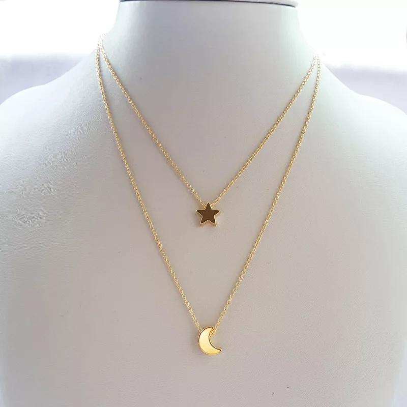 Moon and Star Double layer Necklace Jewelry