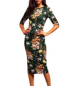 Self repairing dress, printed, bottom side fork, middle sleeve pencil skirt. s picture color
