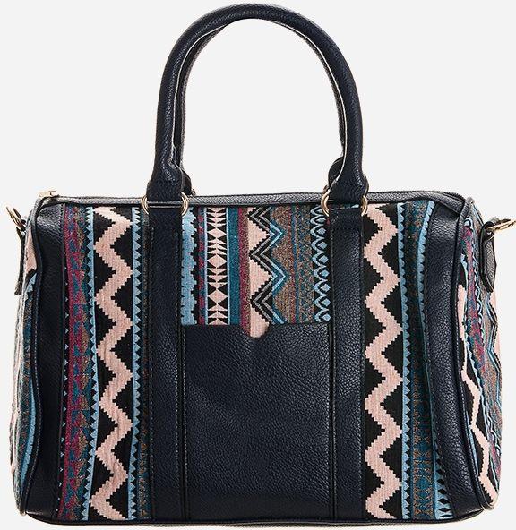 Variety Leather & Textile Embroidered Handbag - Black