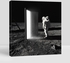 On the Moon. Astronaut Standing in Front of an Mysterious Open Door To