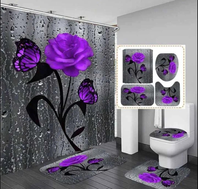 Generic high quality 4 PCs bathroom set  ,Waterproof fabric material shower curtain , size 185 *185 cm , 3pcs toilet set ,    Bathroom Products