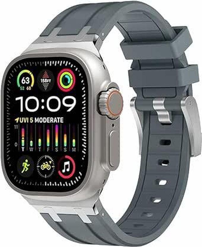 المتجر التالي شريط مطاطي من السيليكون السائل متوافق مع Apple Watch Series Ultra 2 - 9 - 8 الترا - 8 - 7 - 6 - 5 49 مم 45 مم 44 مم 42 مم، حزام مطاطي ممتاز مع محول من الفولاذ المقاوم للصدأ (رمادي وفضي)
