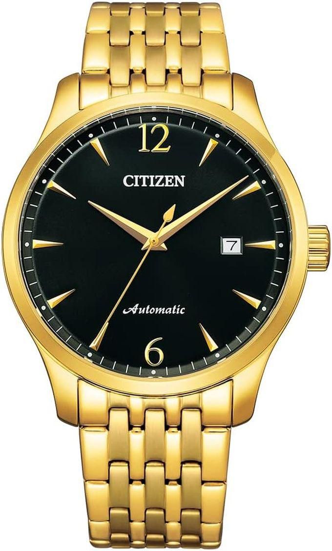 Citizen Watches ساعة سيتيزن للرجال بسوار ستانلس ستيل اسود للرجال ذهبي NJ0112-80E