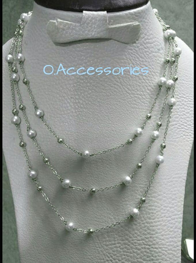 O Accessories Necklace Silver Chain _3 Rows _white Pearl