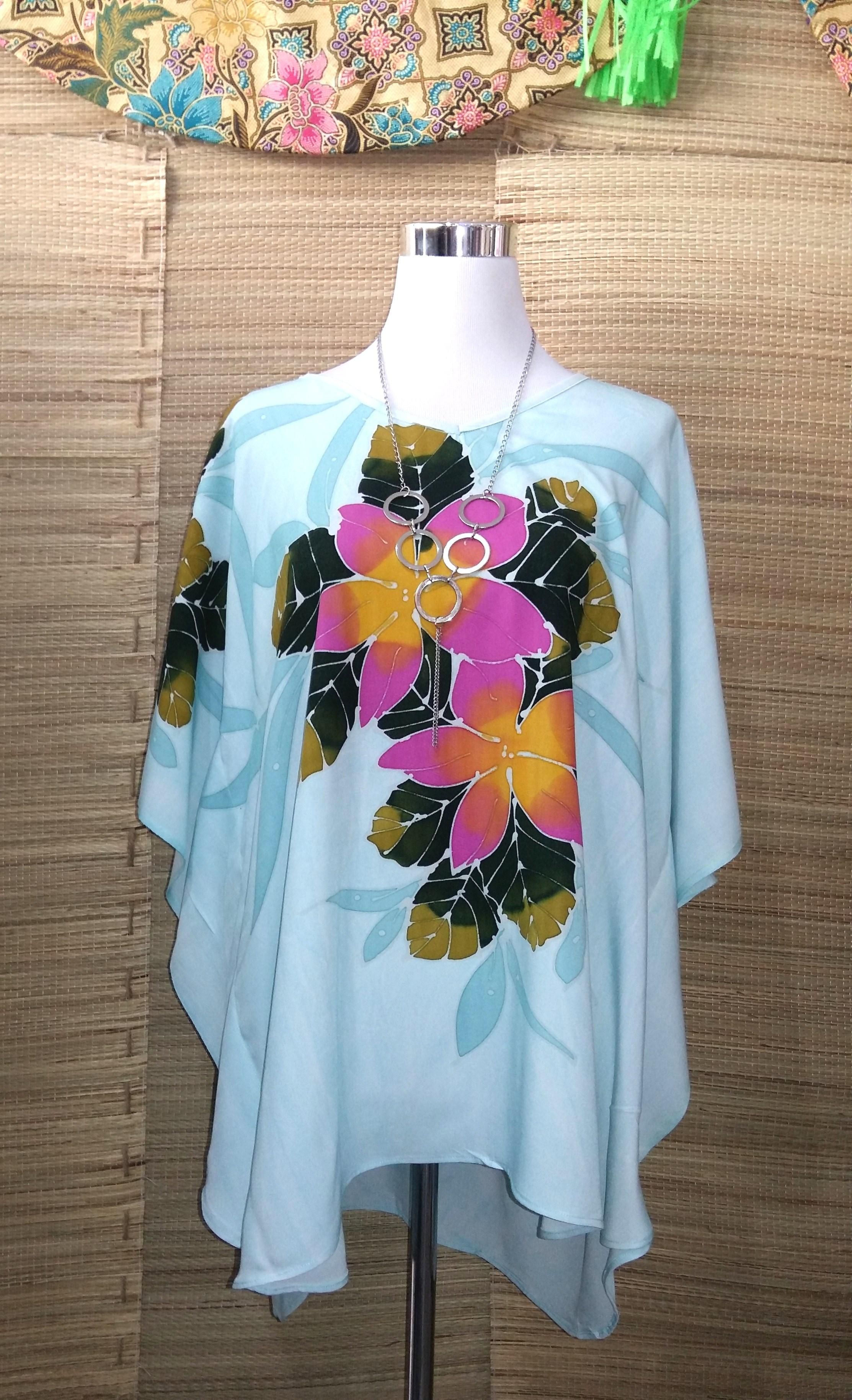 Lady Casual Short Kaftan - Poncho Blouse – Handrawn-Span Cotton - One size (Light Blue)
